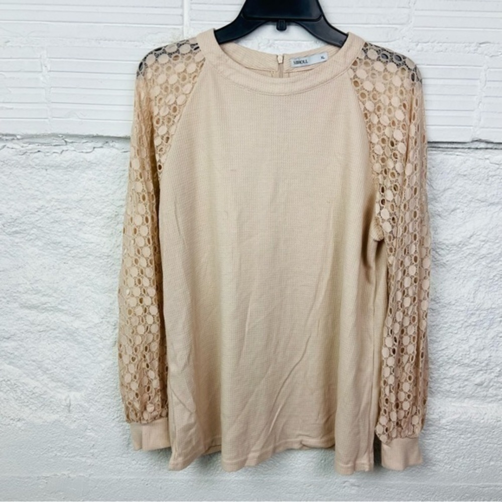 Miholl Beige pale pink Lace Sleeve waffle knit Blouse size XL
